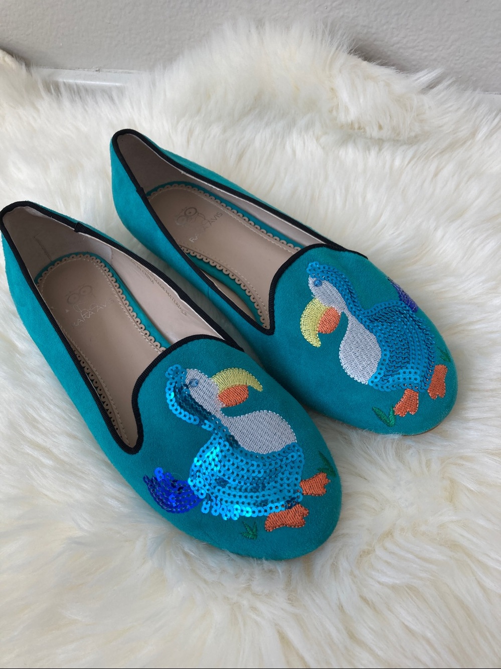 Rara Avis by Iris Apfel Turquoise Suede Pelican Sequin Flats Loafer Dodo bird 8